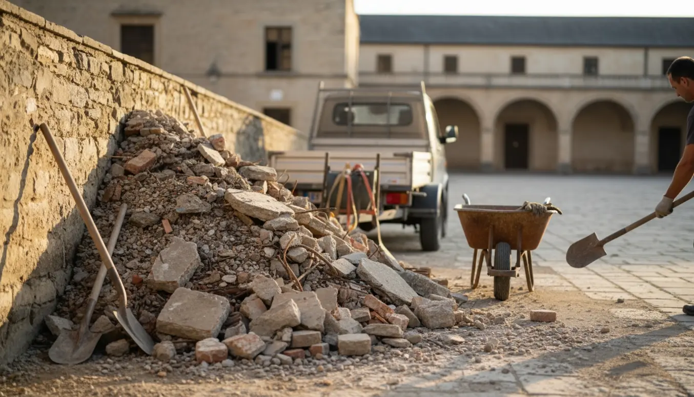 Bunke af fundamentaffald på en gårdsplads ved trailer og værktøj, klar til aflevering.