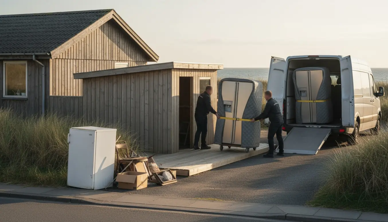 Stort amerikansk køleskab bliver båret ud af et skur mod en flyttevogn ved en kystnær villa, mens et gammelt køleskab venter til storskrald.