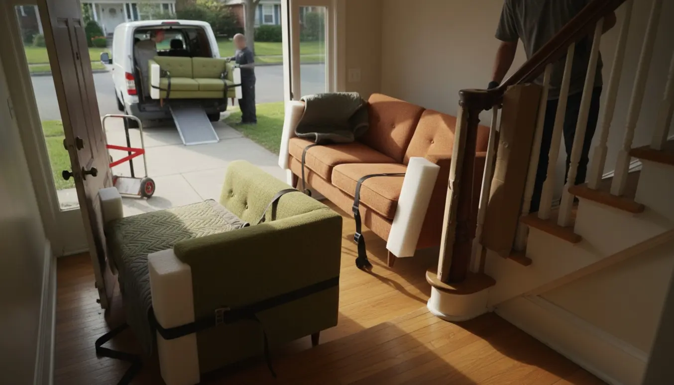 Flytning af to sofaer med tæpper, stropper og varevogn, mens de bæres op ad en trappe.