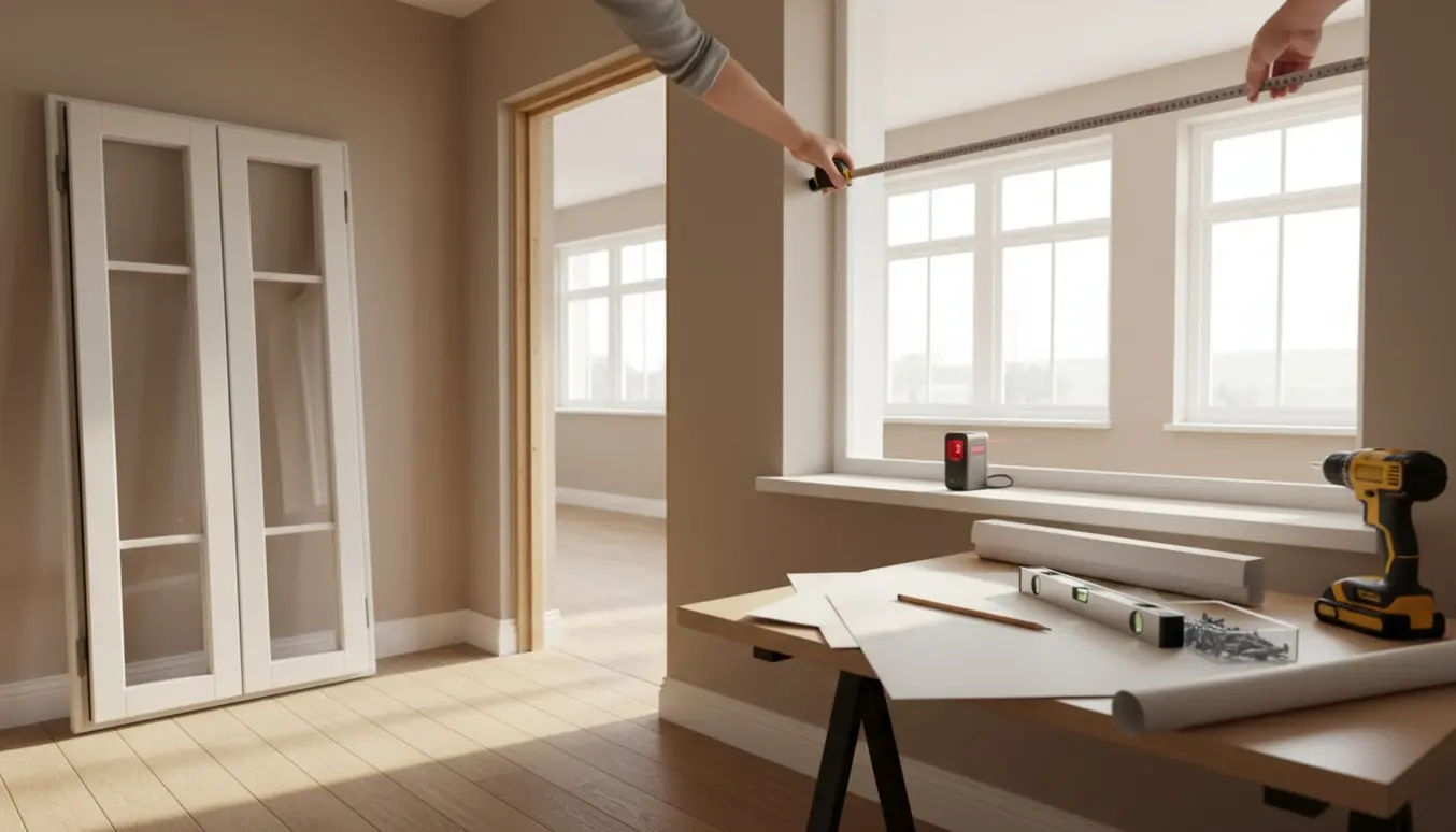 Hænder måler vindues- og døråbninger i et lyst stueplan med målebånd og lasermåler.