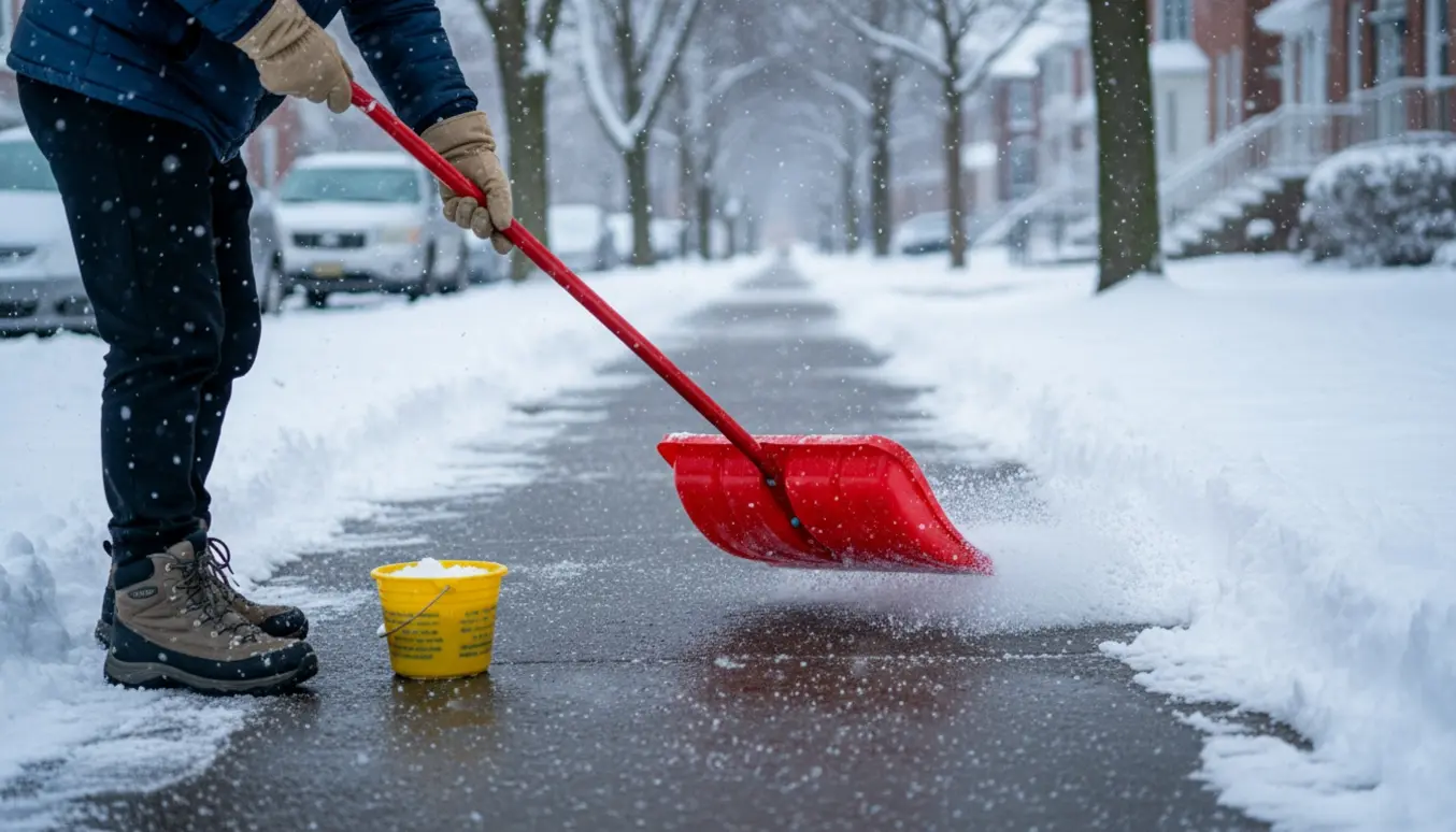 Fortov på cirka 20 meter ryddet for sne under snefald med skovl og saltspand.
