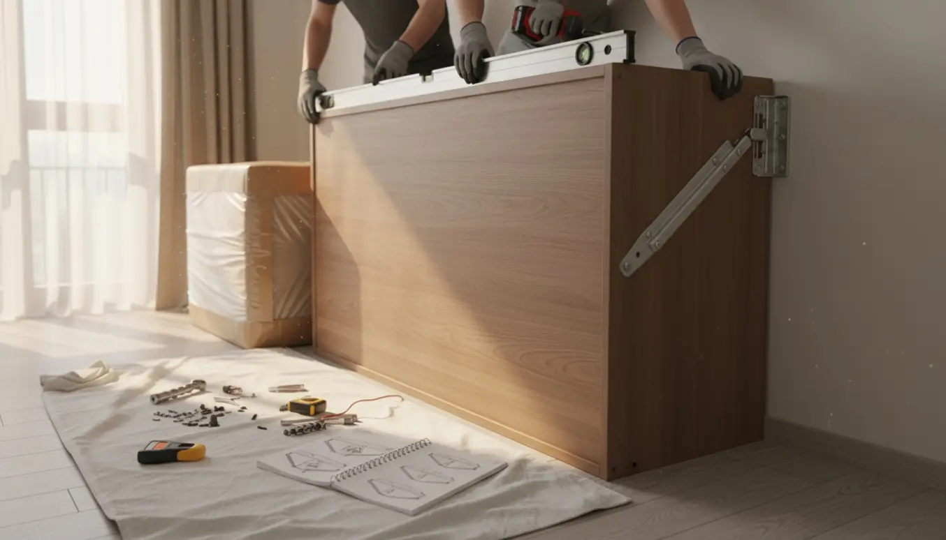 Montage af en ny skabsseng 100 x 200 cm i et lyst soveværelse med værktøj og emballage omkring.