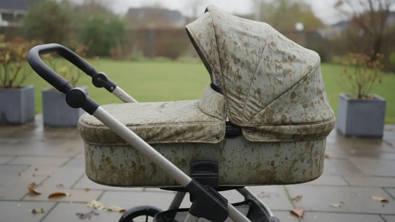 Barnevogn med jordslåede pletter i fugtig udendørs setting