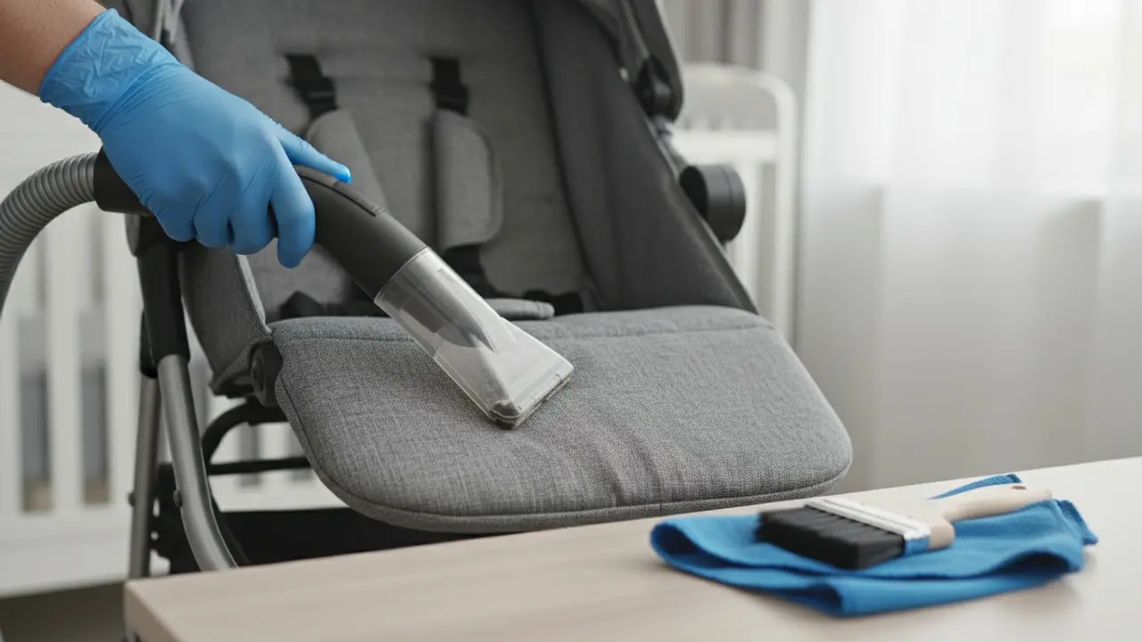 Nærbillede af person der støvsuger barnevognsstof med polstringsmundstykke