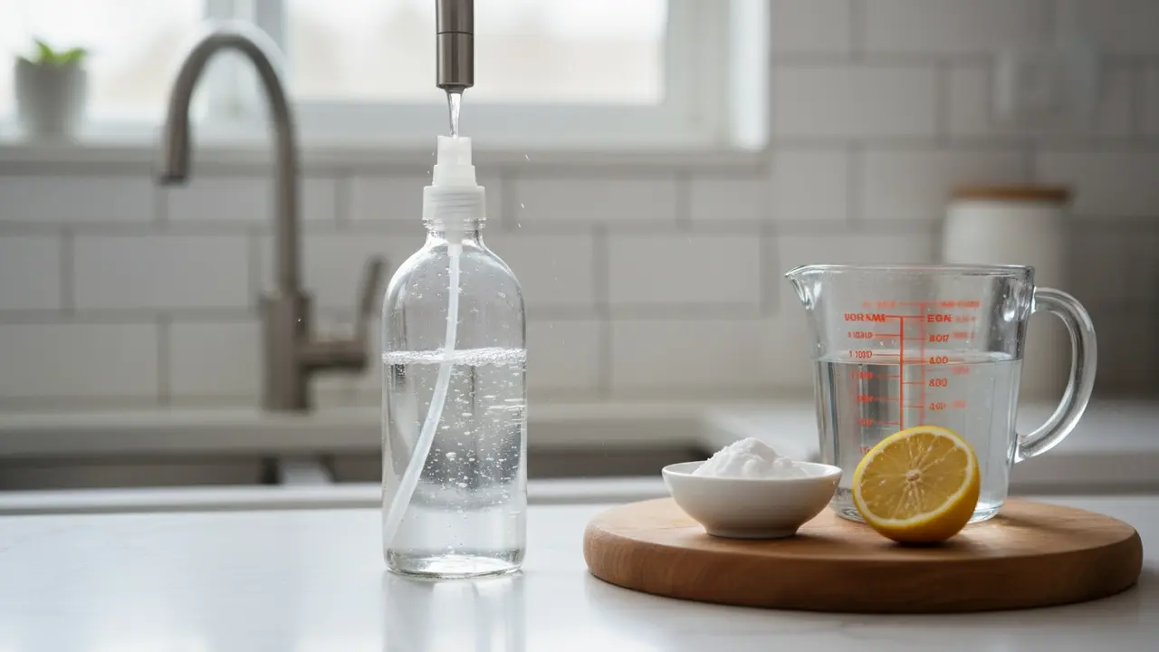 Sprayflaske med eddikeopløsning og naturlige ingredienser ved siden af