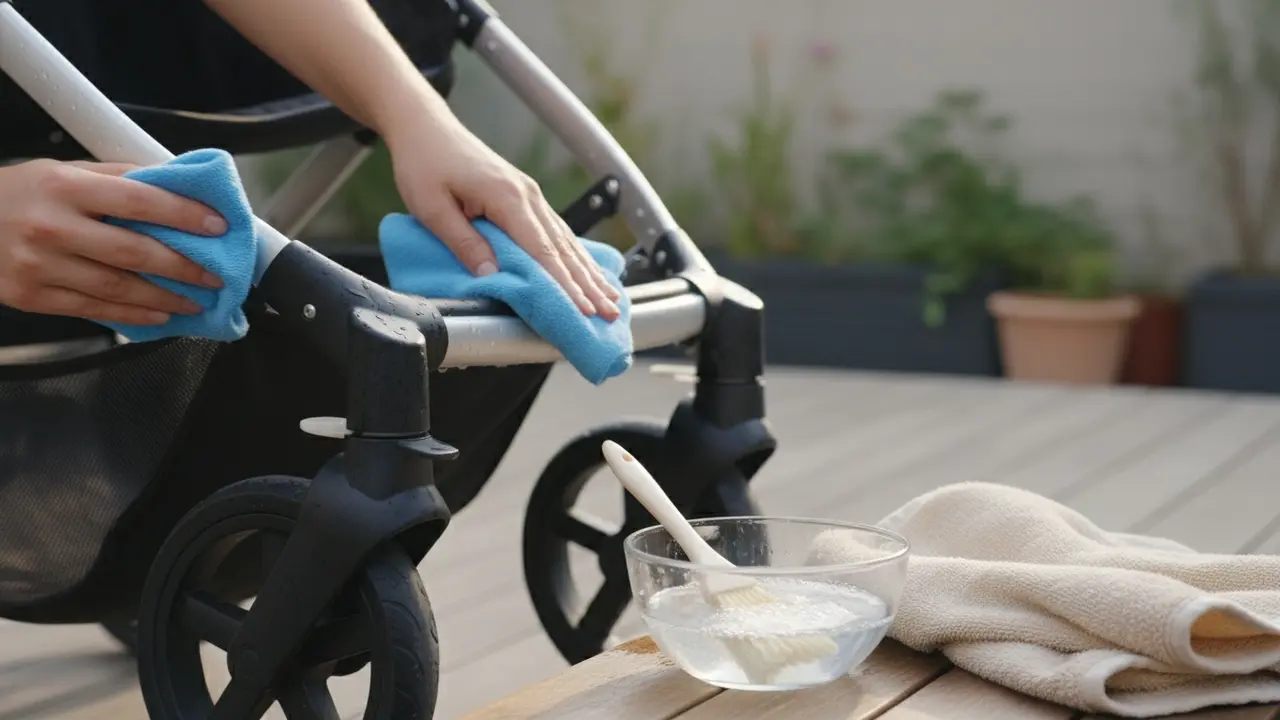 Rengøring af barnevognens stel med blød klud og sæbevand