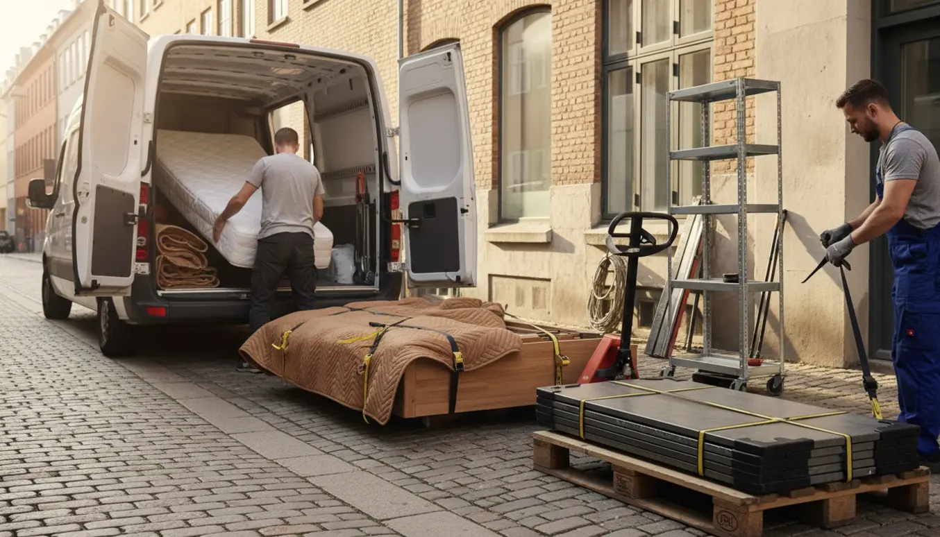 Varebil ved fortovet med en madras og sengestel være læsset ind, samt en reol med lange stålplader sikret på en dolly.