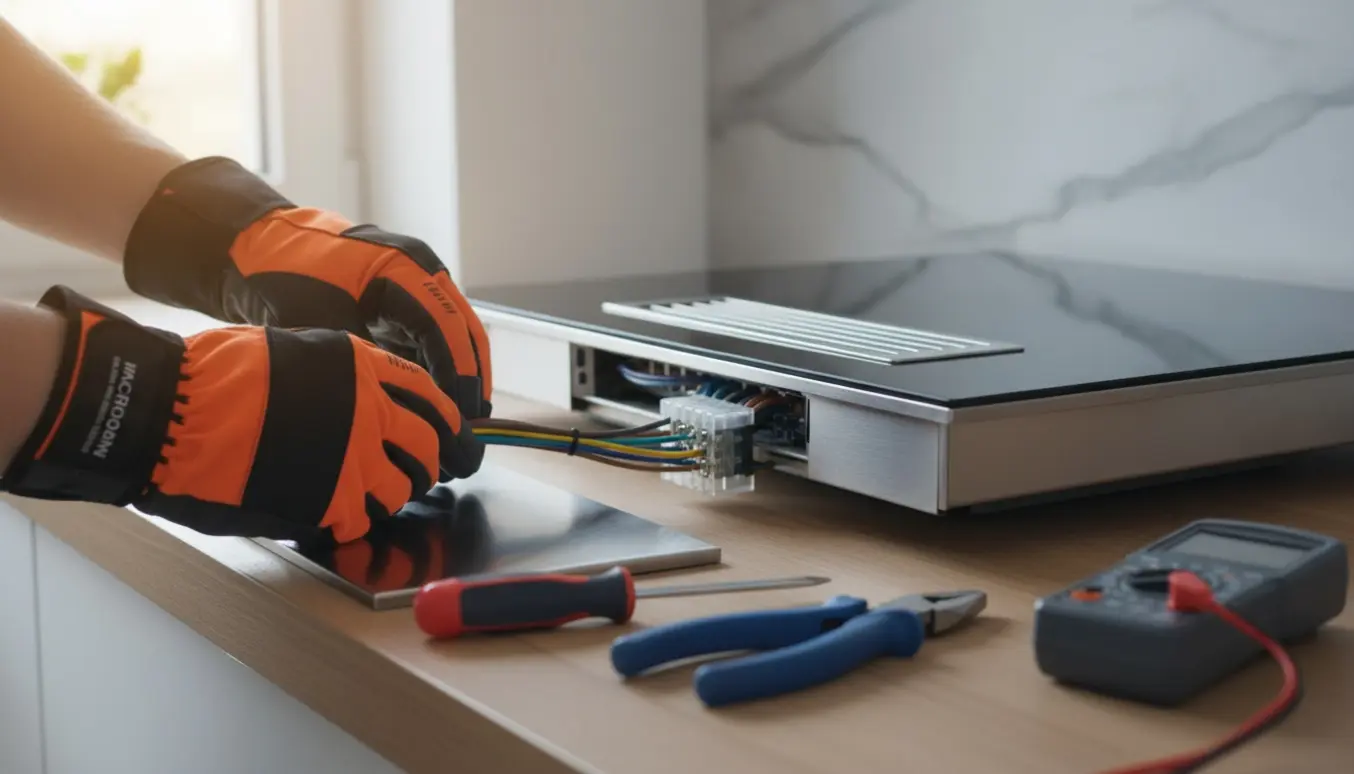 Hænder i isolerede handsker tilslutter farvede elkabler til en indbygget kogeplade med emhætte i et moderne køkken.