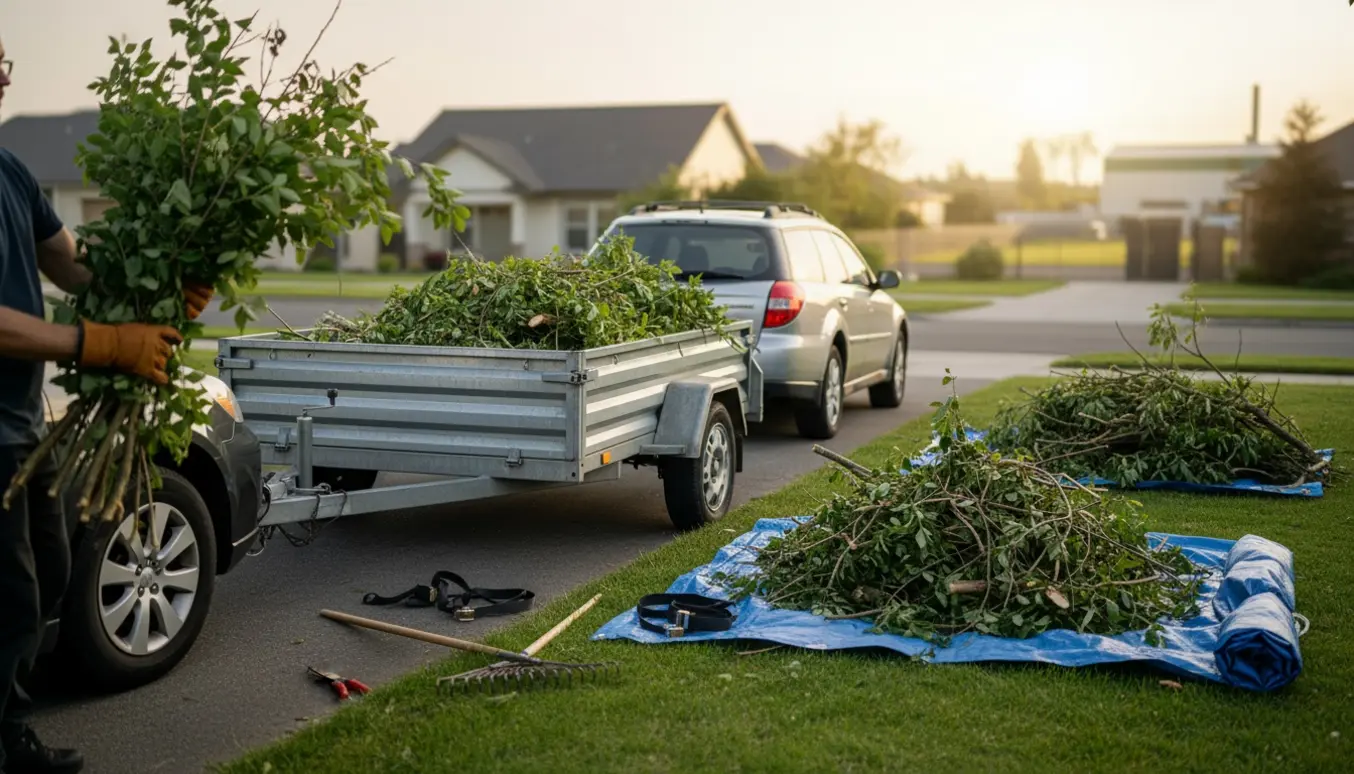 Bil med trailer læsses med grene og haveaffald på en indkørsel, personer set fra ryggen.