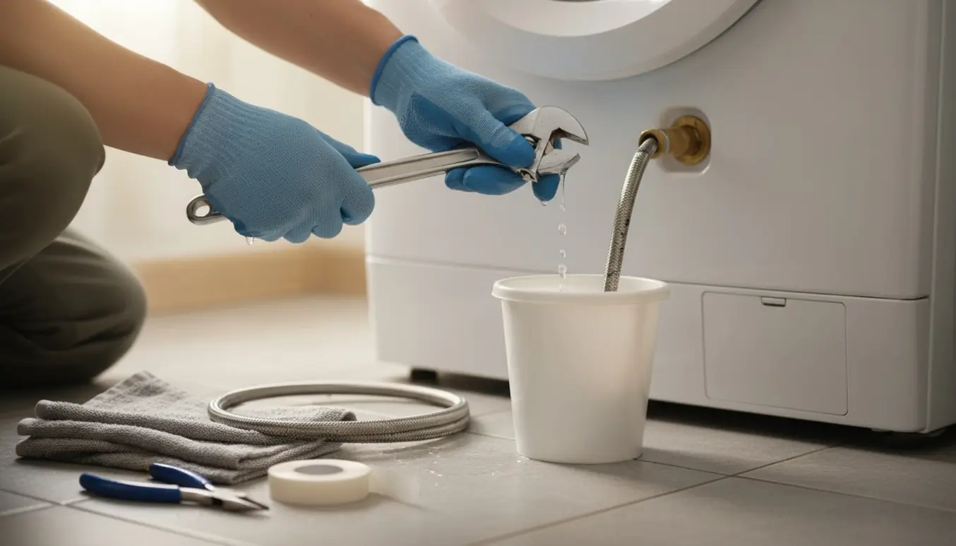 Nærbillede af en lækage bag en vaskemaskine hvor en spand fanger vanddråber mens en skruenøgle strammer vandslangen.