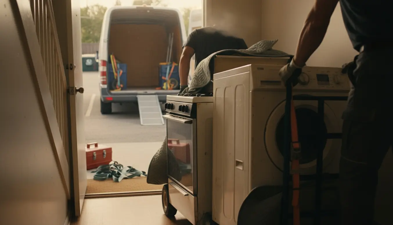 Gamle hvidevarer bæres ned ad en trappe mod en varevogn og trailer ved fortovet.