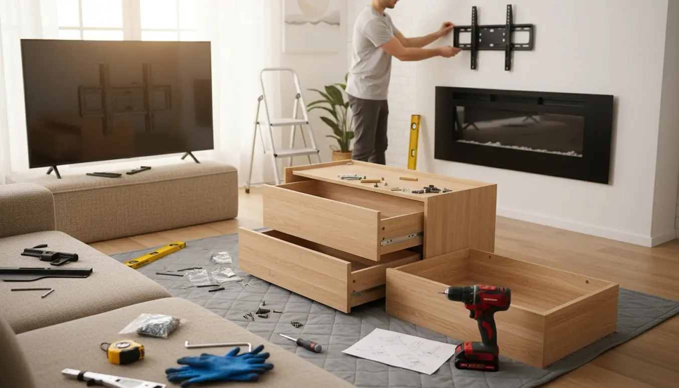 Delvist samlet kommode, ophængning af en vægpejs og udskiftning af fjernsynsophæng i et lyst, moderne stueinteriør.