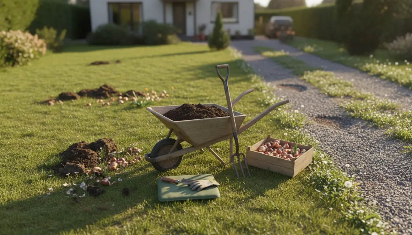Forhave med ujævn græsplæne med huller og jordknolde samt ukrudt i indkørslen og haveredskaber i forgrunden.