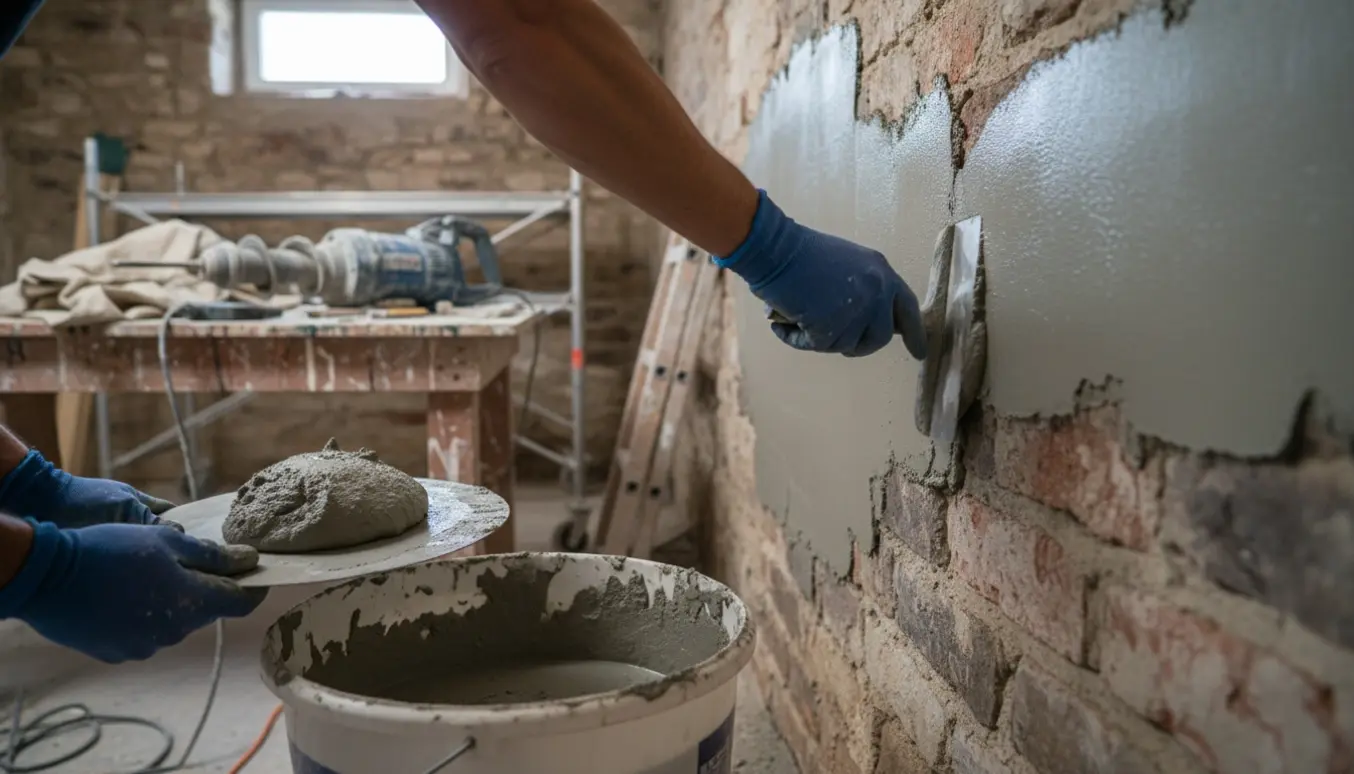 Hænder spartler grå vandtæt mørtel på en kældervæg med afbanket puds og delvist opmurede afsnit.