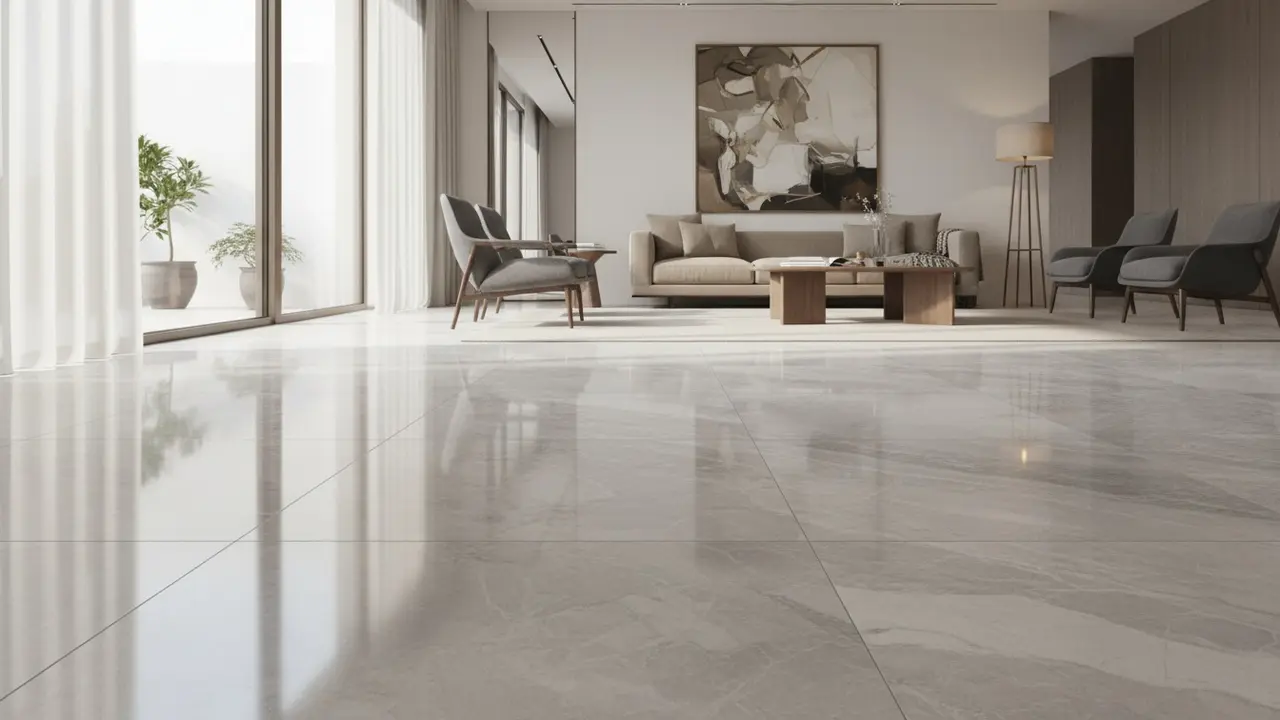 Elegant stue med poleret stengulv i naturligt dagslys