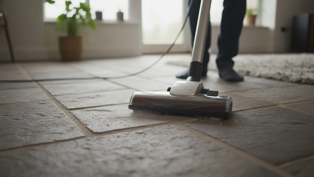 Person støvsuger stengulv med HEPA-støvsuger, tæt på mundstykket