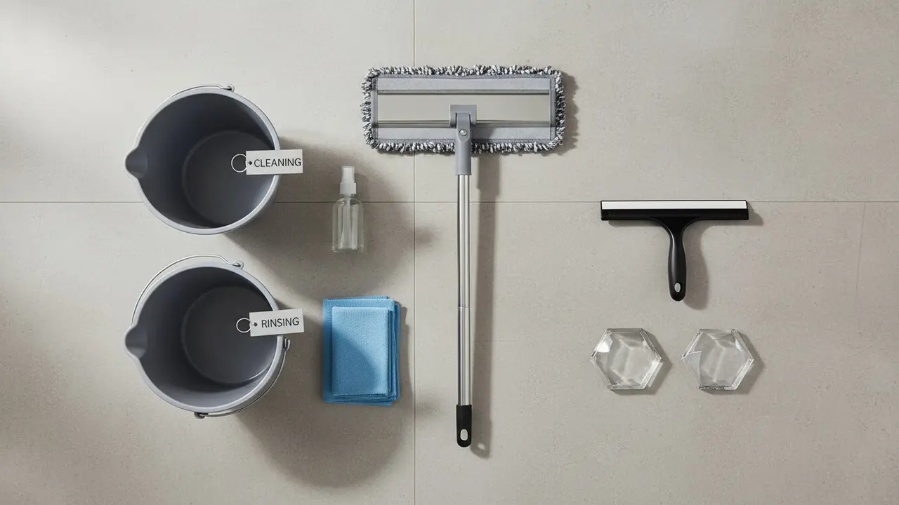 Oversigt over udstyr: mikrofiberklud, moppe, to spande, gummiskraber og pads