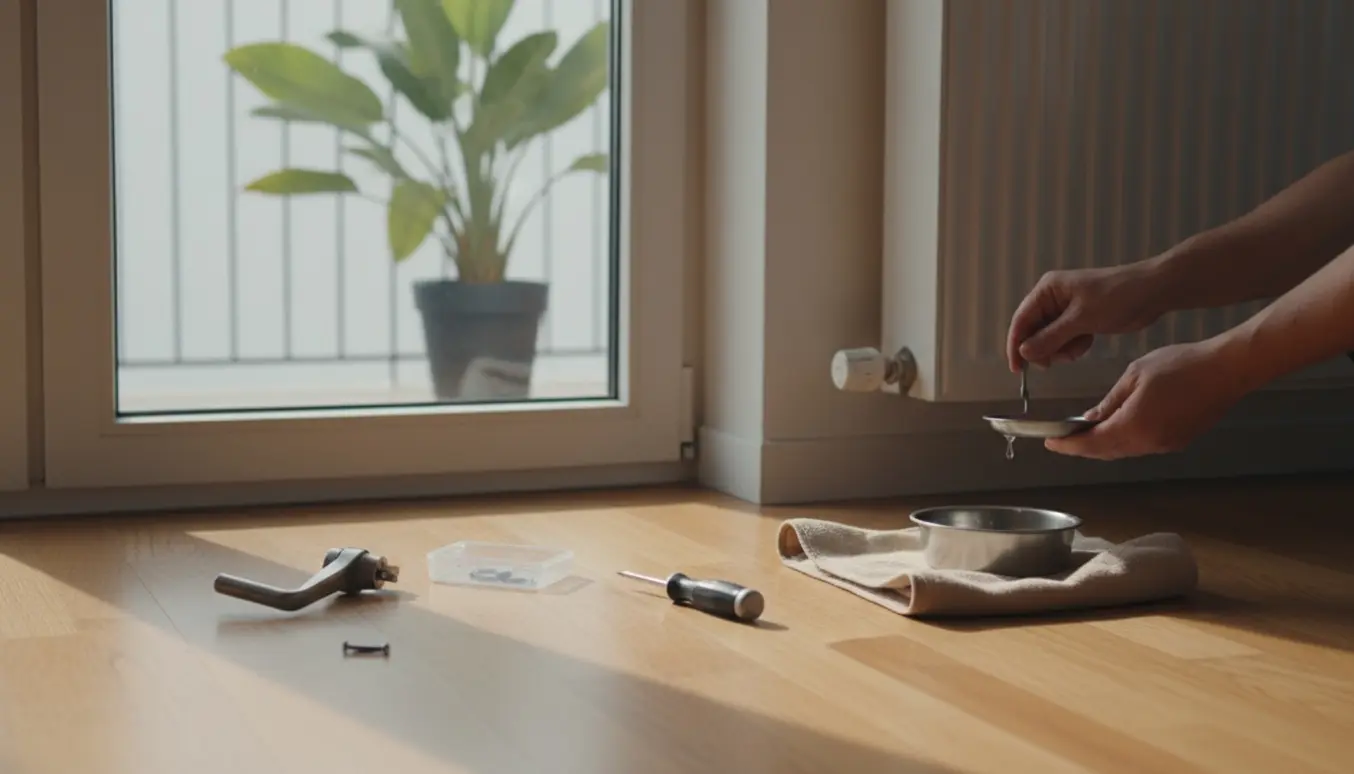 Nærbillede af afmonteret altandørhåndtag på gulvet og en radiator, der bliver udluftet.