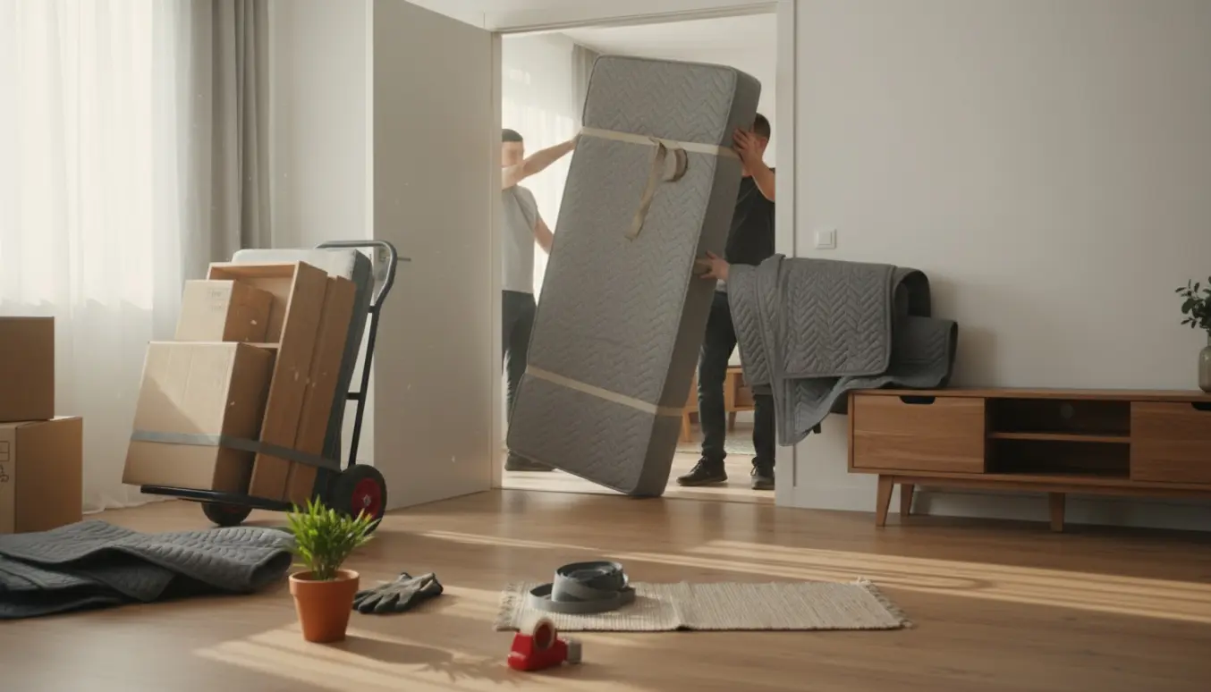 Flytning af møbler mellem to stueplansrum med madras, reoler, tv-møbel og flyttetæpper.