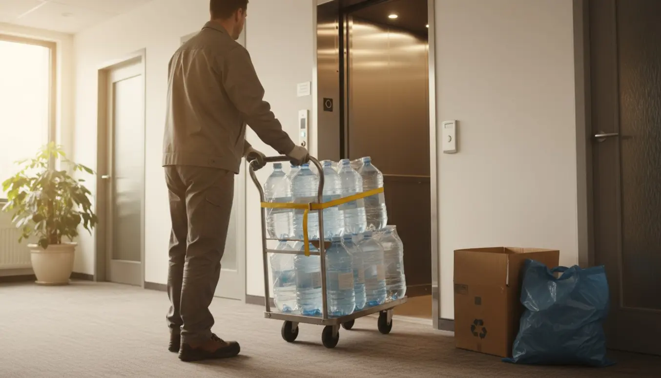 Person set bagfra triller cirka et dusin tomme store vandfilterflasker på en trillevogn ved en kontorelevator.