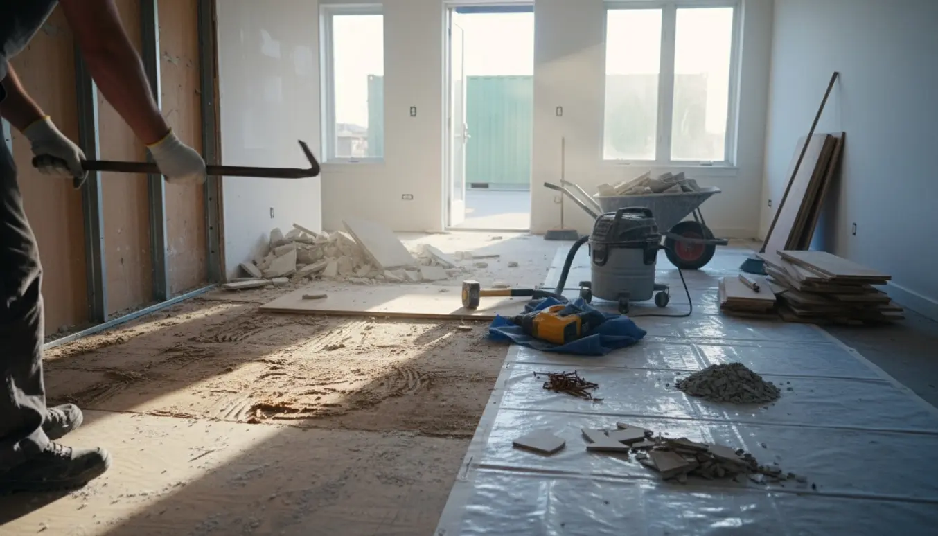 Delvist fjernet trægulv og nedrevet gipsvæg i et lyst rum med arbejdsredskaber og byggematerialer klar til renovering.