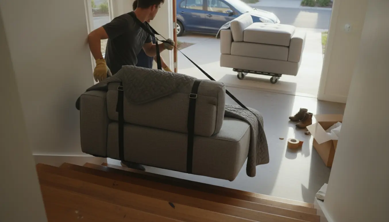 To personer bærer sofa-moduler mellem 1. sal og carport, med flyttetæpper og værktøj i baggrunden.