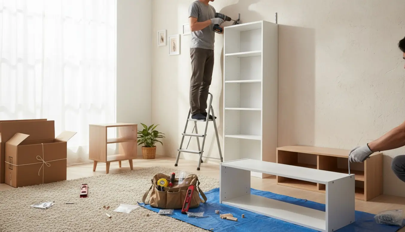 Fire IKEA-møbler samles i en lys stue, mens en reol fastgøres til væggen og pap pakkes sammen til afhentning.