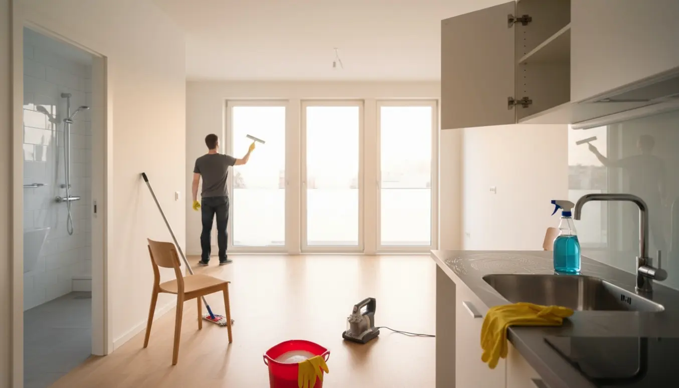 Lys, åben lejlighed med en person set bagfra, der pudser store vinduer, rengøringsmidler og åbne køkkenskabe synlige.