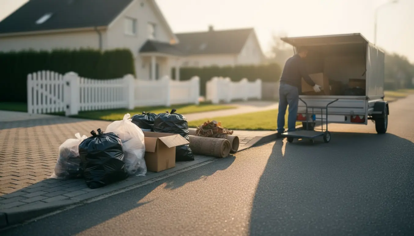 Affaldsposer og papkasser ved kantstenen klar til afhentning med trailer og vogn i baggrunden.