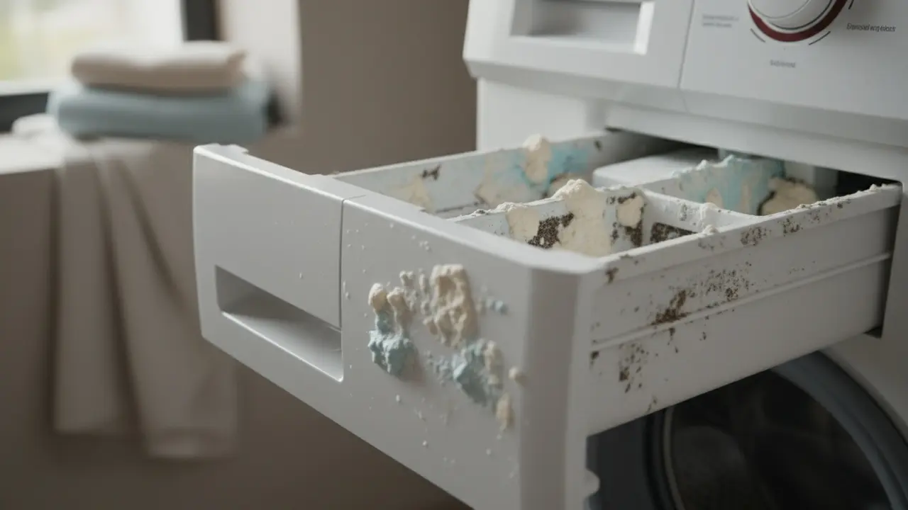 Åben sæbeskuffe med synlige sæberester og kalkaflejringer i vaskemaskine