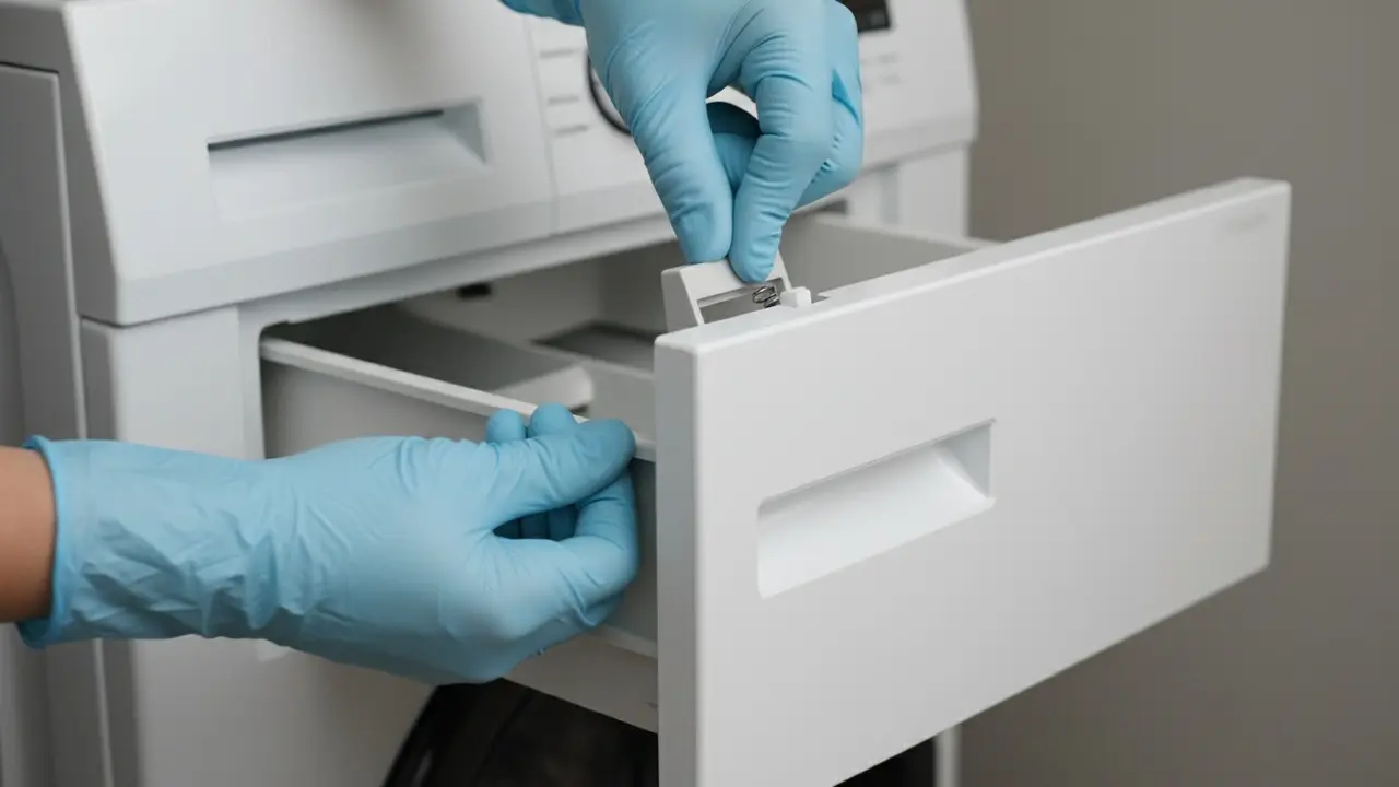 Hænder trykker på lille plastknap mens sæbeskuffe trækkes ud