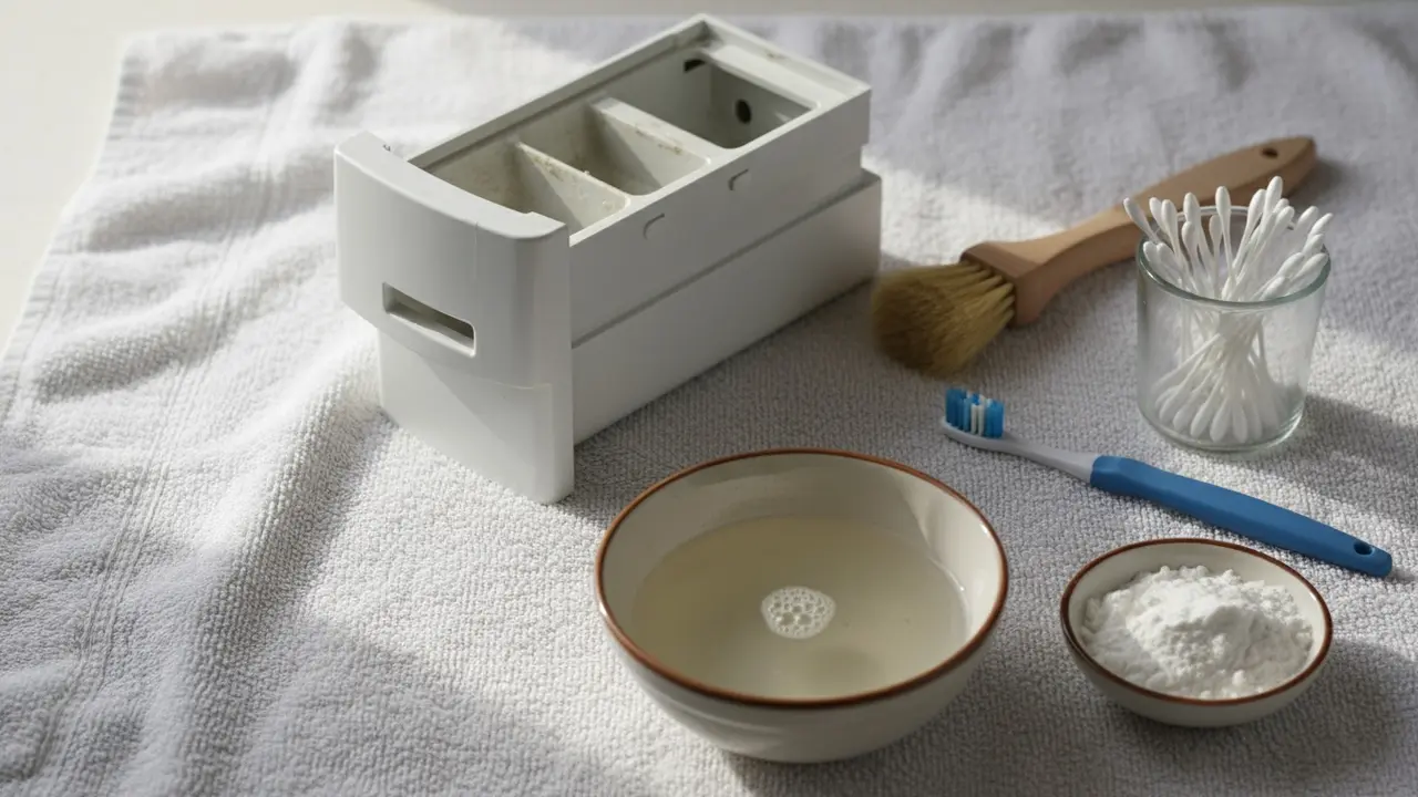 Rengøringsredskaber: blød børste, tandbørste, vatpinde, eddike og natron ved siden af skuffe