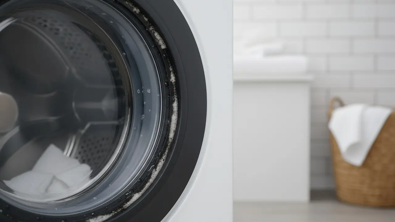 Nærbillede af smudset gummiring i vaskemaskine med mug og sæberester