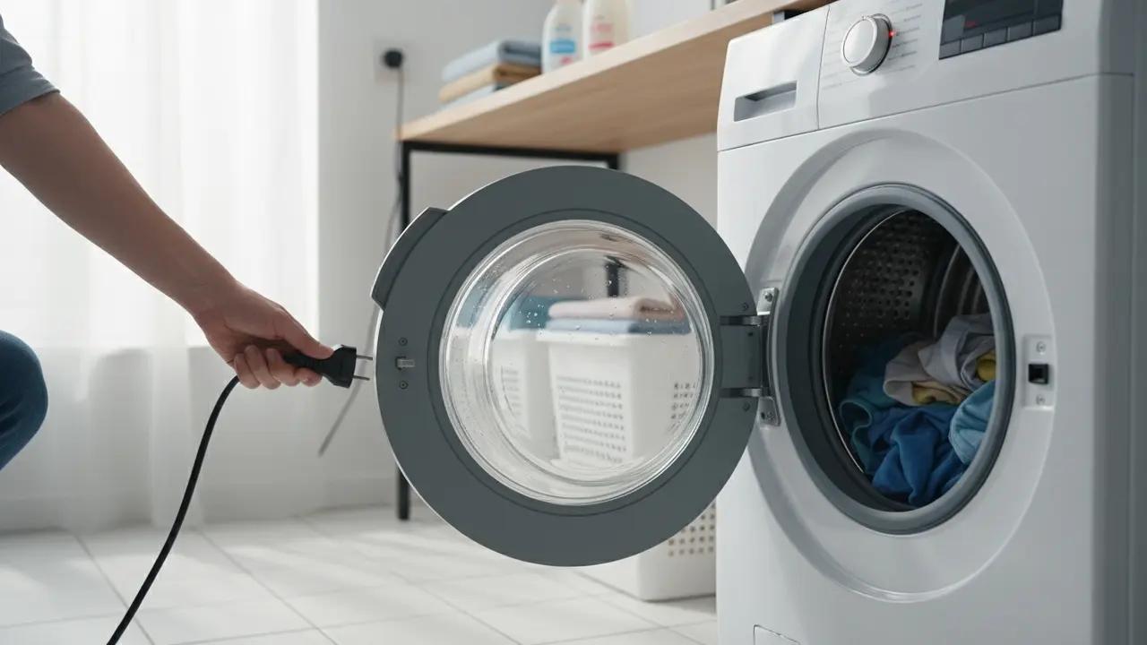 Person slukker vaskemaskinen og åbner døren helt før rengøring