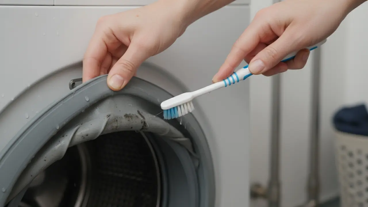 Hænder trækker gummiringens kant tilbage og rengør folder med blød tandbørste