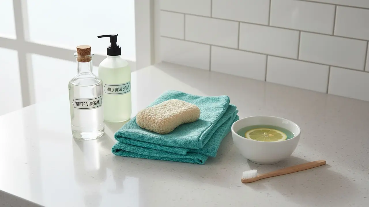 Udrustning til rengøring: klude, svamp, eddike, opvaskemiddel og tandbørste