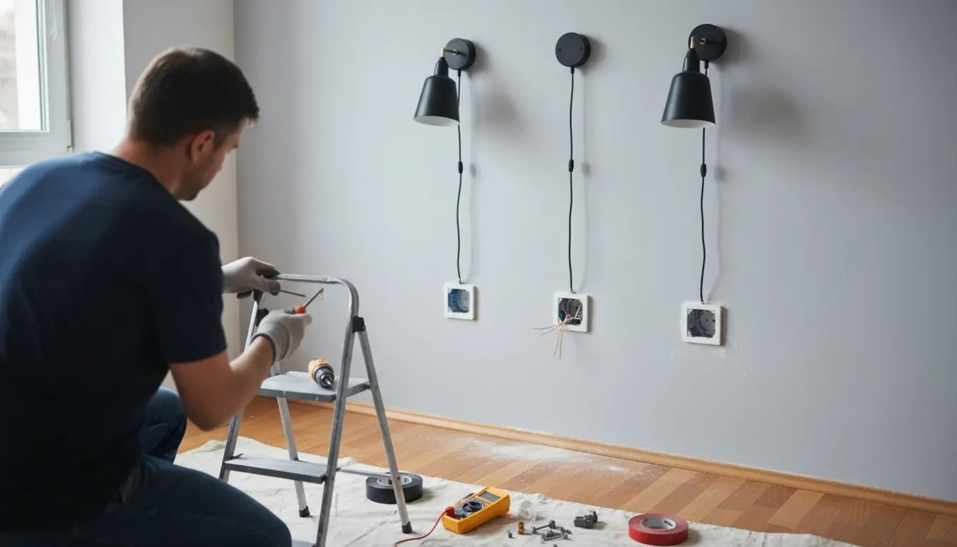 Hænder monterer tre lamper og tre stikkontakter på en nymalet væg i en lys stue.