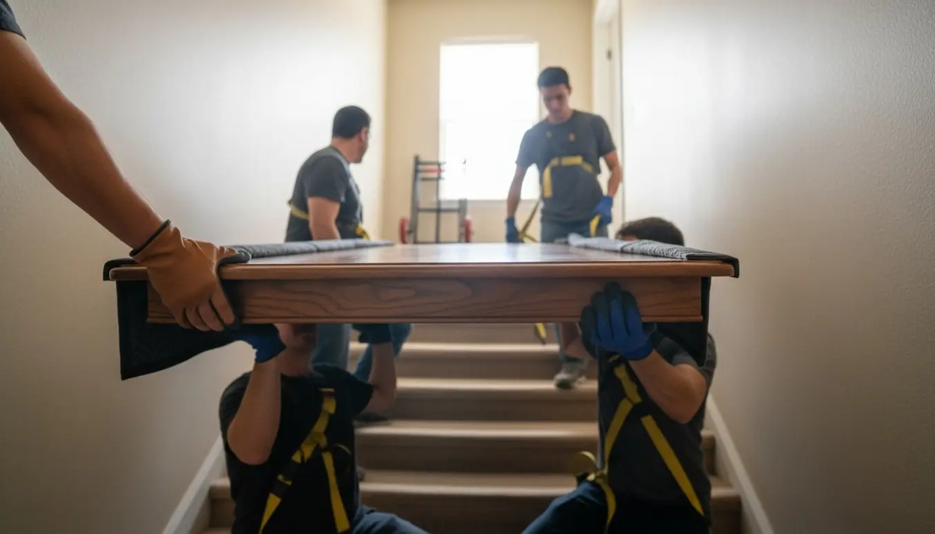 Tre personer bærer et stort træbord op ad en indendørs trappe mod anden sal med beskyttelsesdækken og løftestropper.