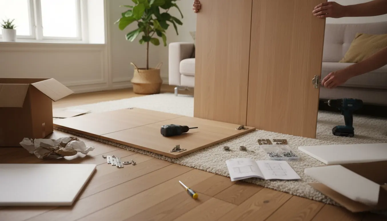 Nyt fire-dørs klædeskab samles i en lys stue med værktøj og samledele på gulvet.