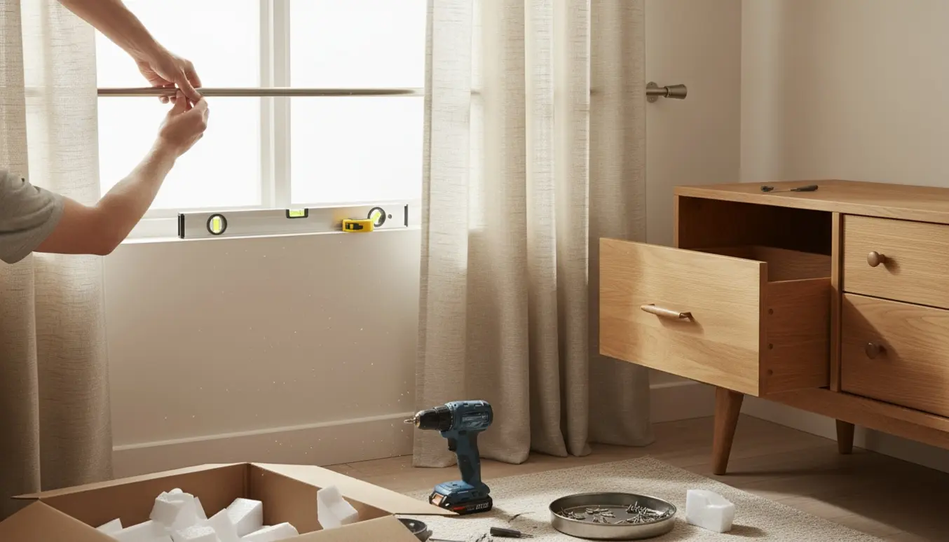 Hænder hænger et lyse tindelig gardin op ved et vindue, mens en trækommode er ved at blive samlet ved siden af.