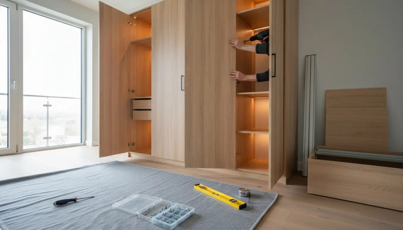 Delvist monteret høj garderobe med hylder, skuffer og varm indvendig belysning i et lyst, skandinavisk soveværelse.