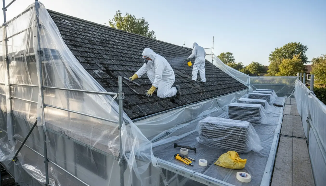 Håndværkere i beskyttelsesudstyr fjerner og stabler eternit skifer på et tag med plastik og stillads omkring.