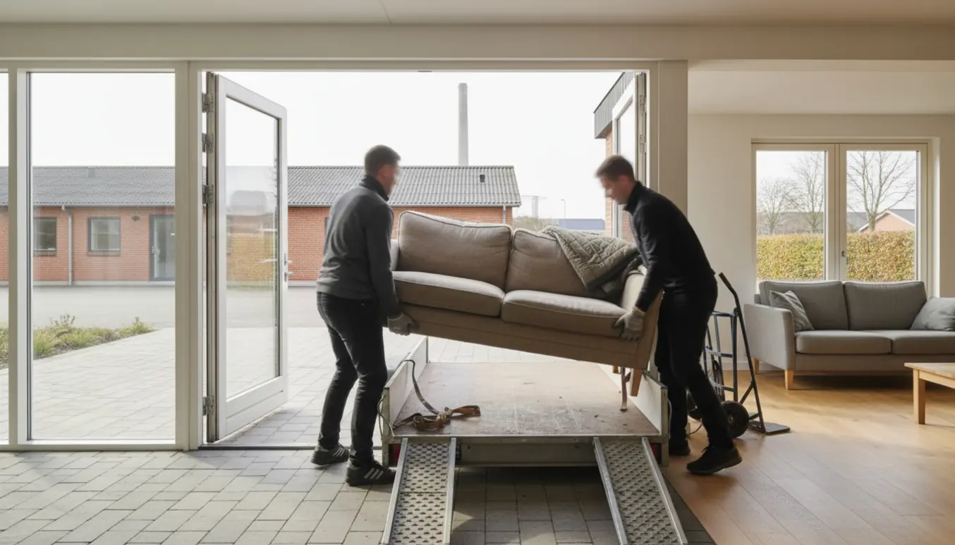 En brugt sofa løftes ud af en stue og lægges på en trailer klar til afhentning og bortskaffelse.