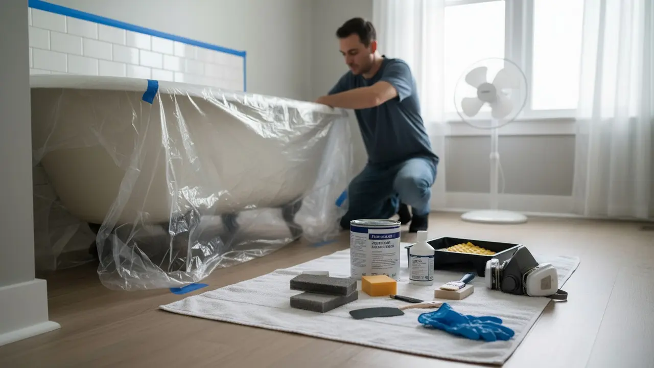 Oversigt over forberedelse til emaljering: afdækket badekar og materialer