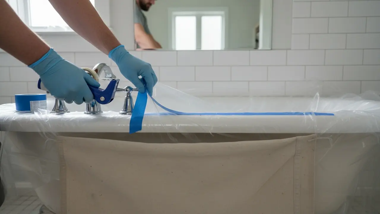 Nærbillede af afdækning: tape og plastik ved karrets kant