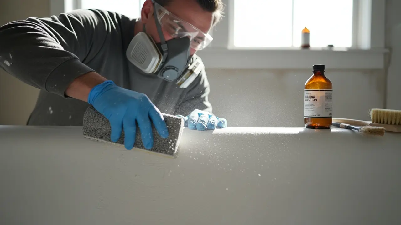 Person sliber karrets overflade med slibeblok og har beskyttelsesudstyr på