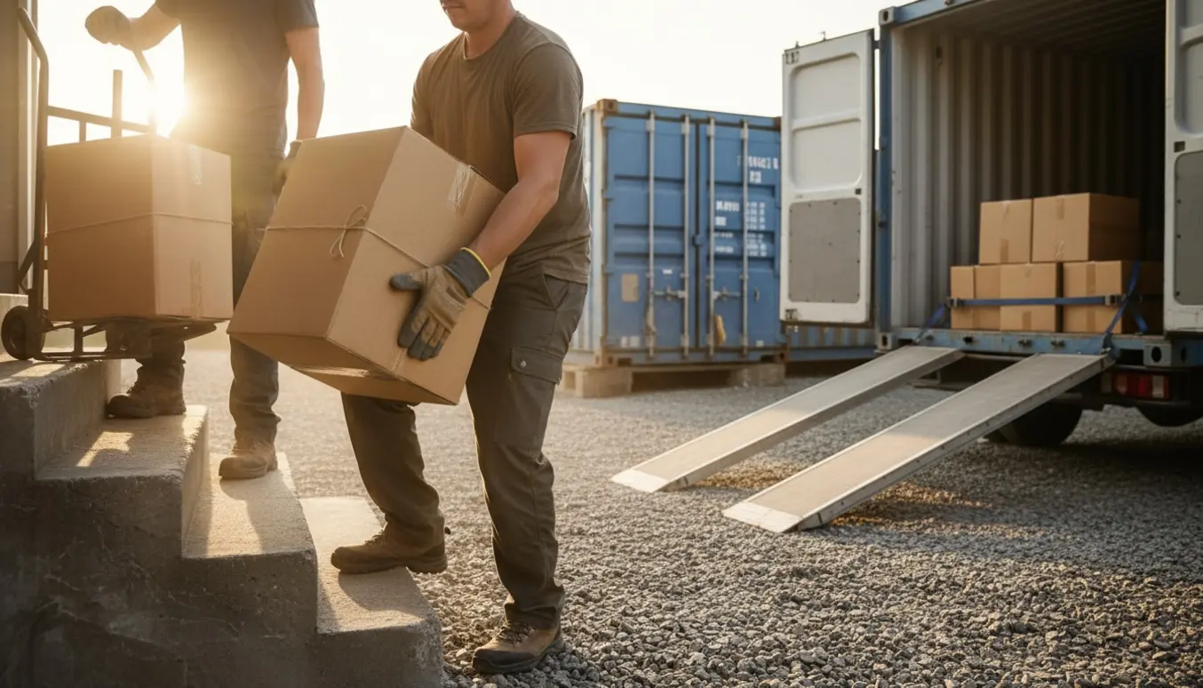 Tunge kasser med bøger bæres op ad en kældertrappe og læsses i en varebil foran en container.