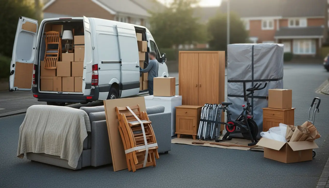Åben varevogn og stablede møbler med ca. 20 flyttekasser under flytning, uden tydelige ansigter.