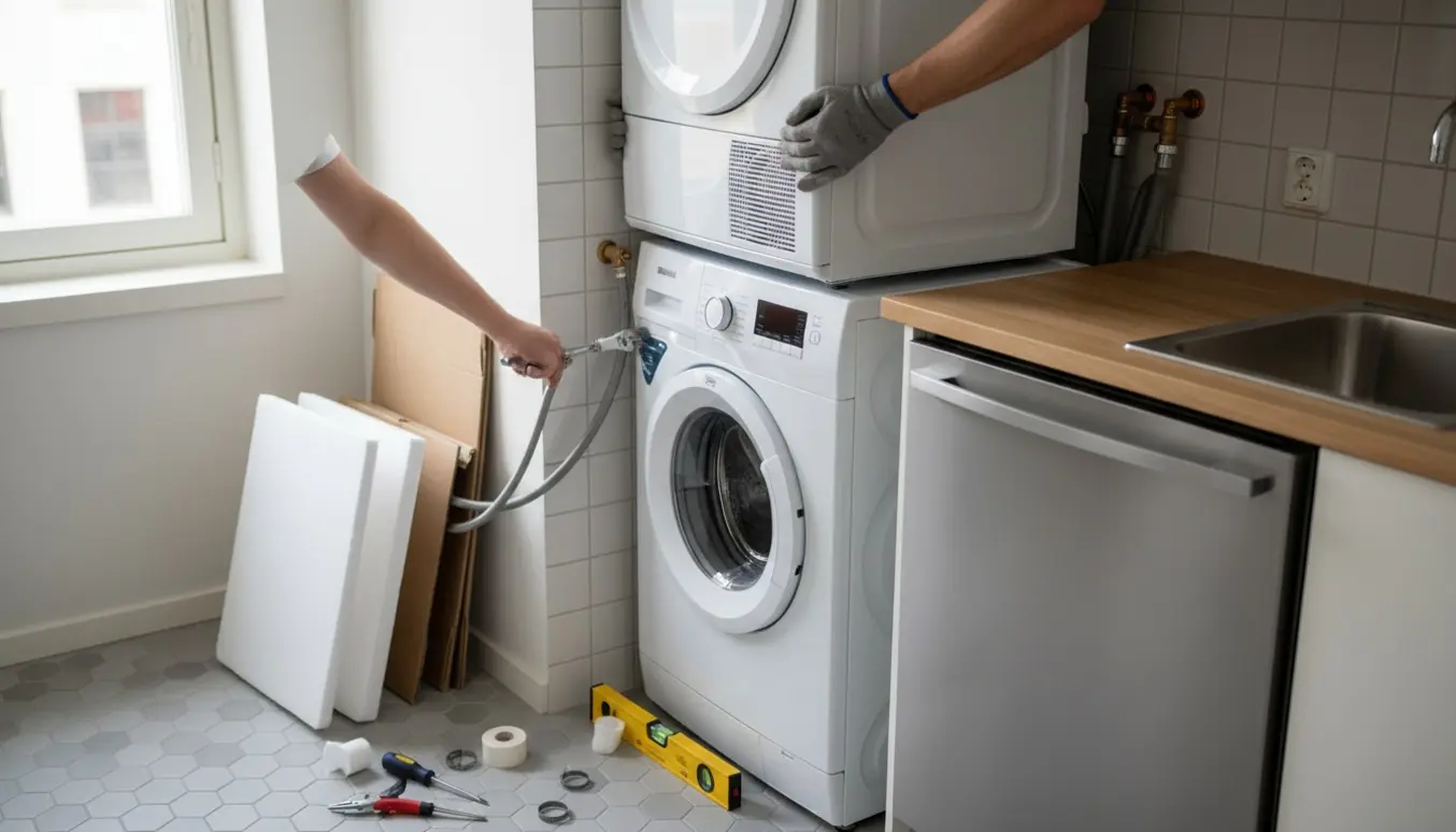 Installatør tilslutter vaskemaskine, tørretumbler og opvaskemaskine i lyst lejlighedskøkken med synlige slanger og værktøj.