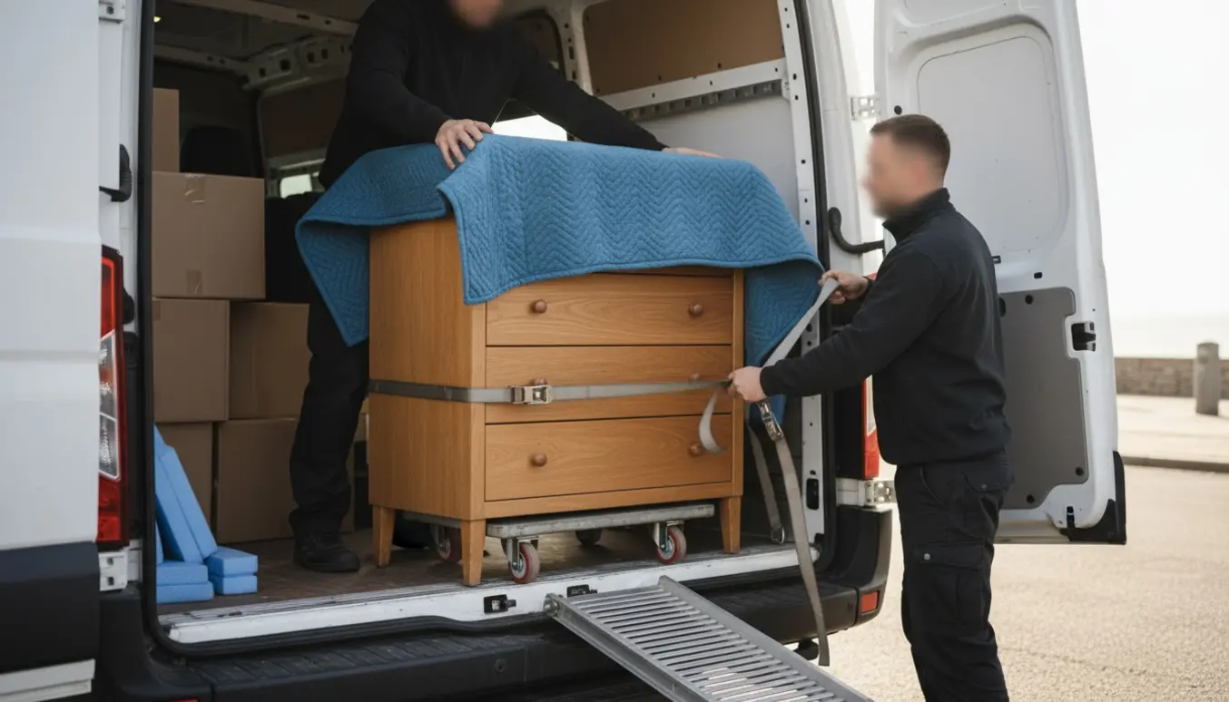To flyttemænd læsser en 128 x 87 cm kommode ind i en kassevogn, pakket med flyttetæpper og stropper.
